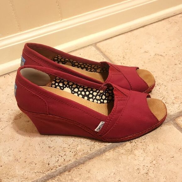 Toms Women's Pink Canvas Heeled Wedge Open Peeptoe Sandals Size 8.5 - Picture 1 of 8
